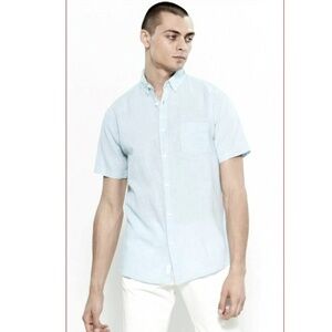 Onia Jack Linen Blend Blue Pinstripe Button Down Short Sleeve Shirt Size Small S